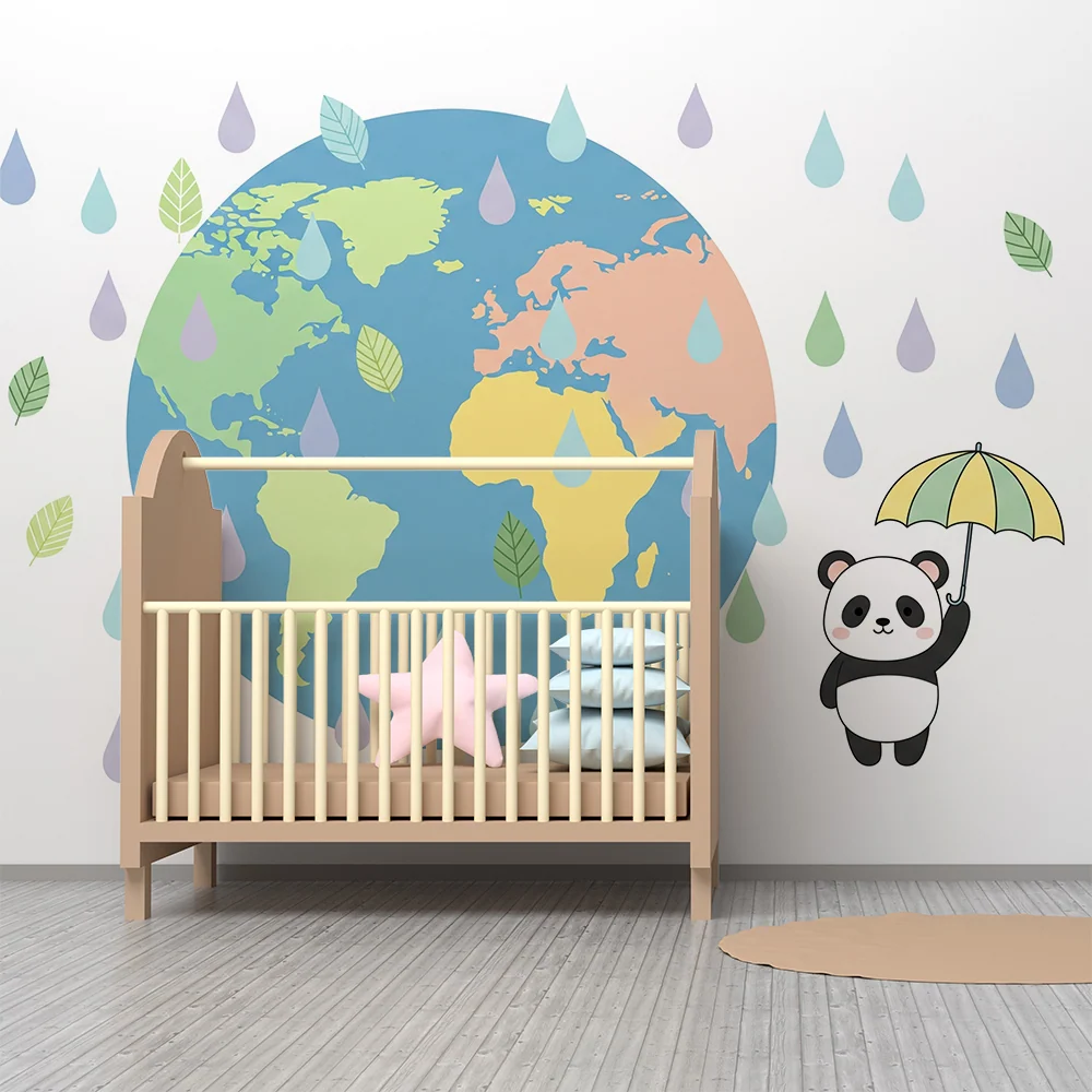 Papier peint chambre enfant | Panda joyeux sous la pluie avec le monde en arrière-plan