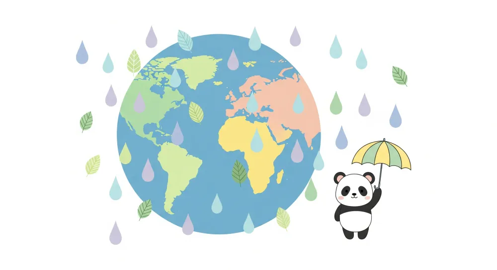 Papier peint chambre enfant | Panda joyeux sous la pluie avec le monde en arrière-plan