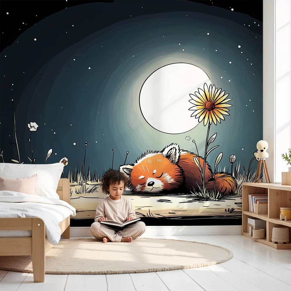 Papier peint chambre enfant | Panda roux endormi sous la lune avec des fleurs