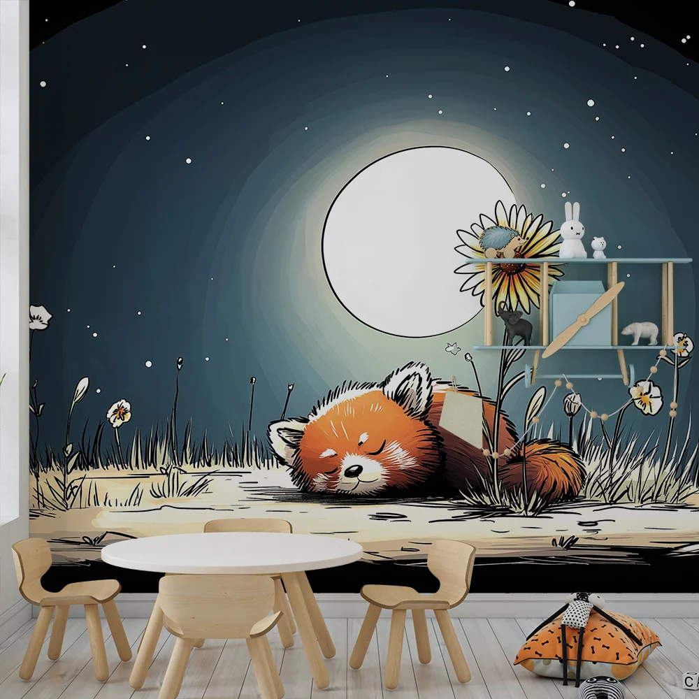 Papier peint chambre enfant | Panda roux endormi sous la lune avec des fleurs
