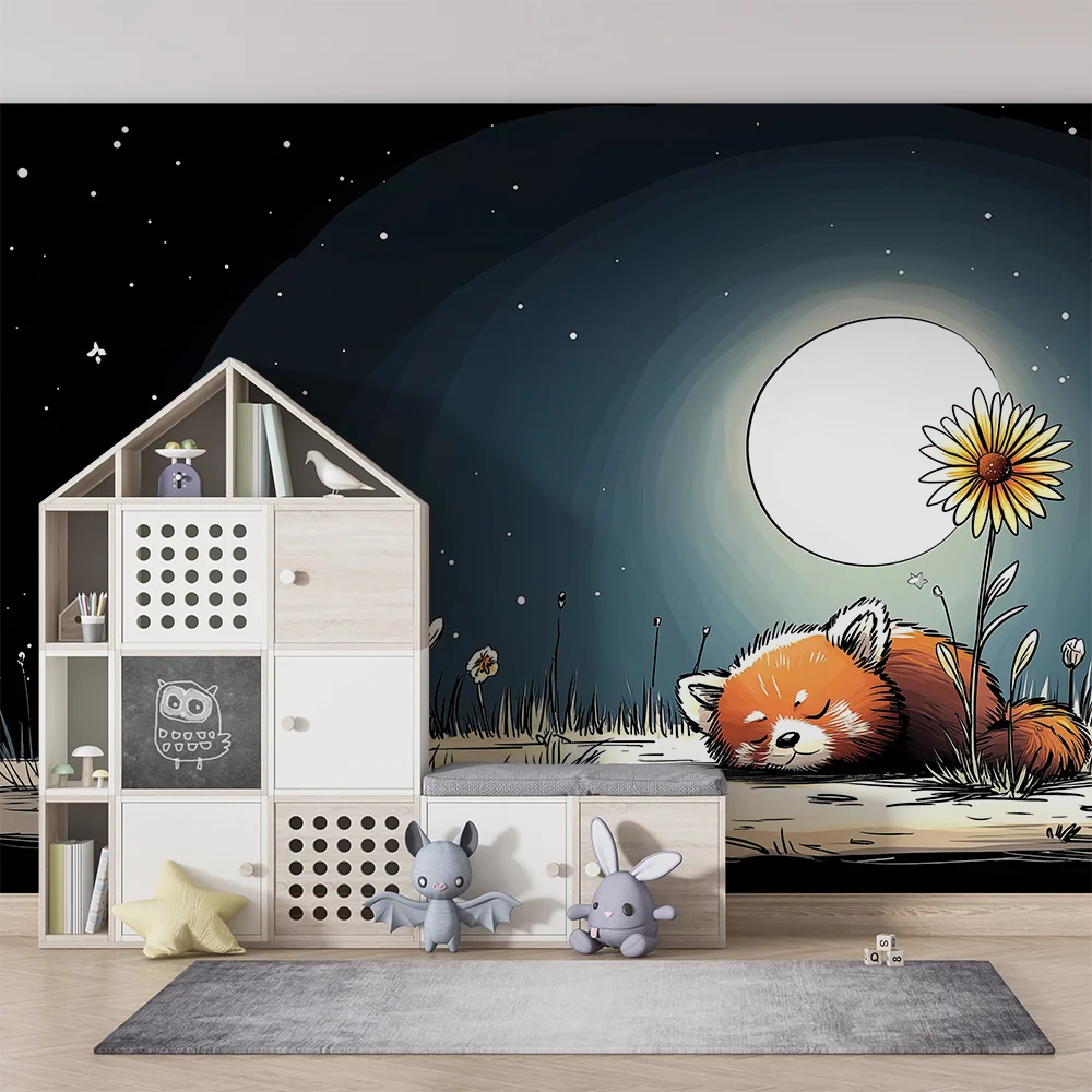 Papier peint chambre enfant | Panda roux endormi sous la lune avec des fleurs