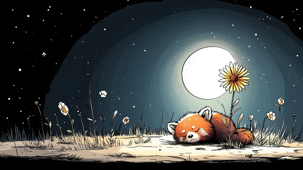 Papier peint chambre enfant | Panda roux endormi sous la lune avec des fleurs