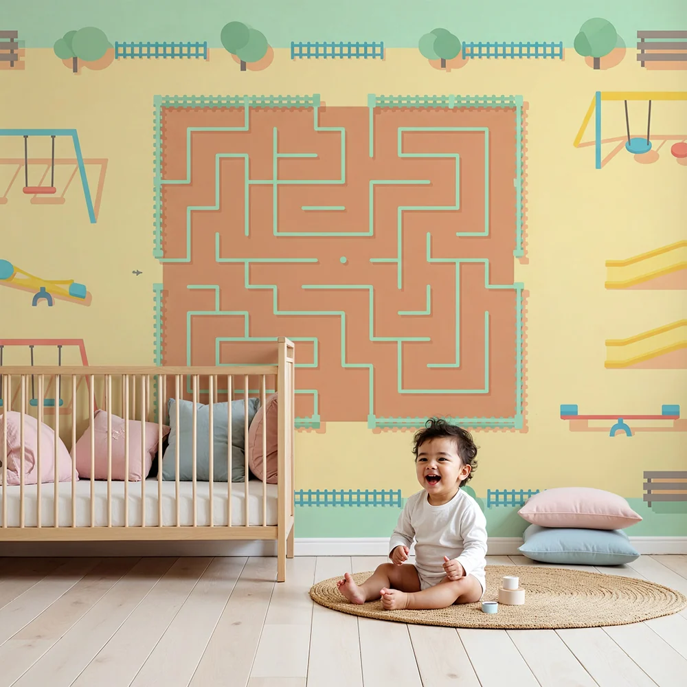 Papier peint chambre enfant | Parc de jeux coloré avec labyrinthe amusant