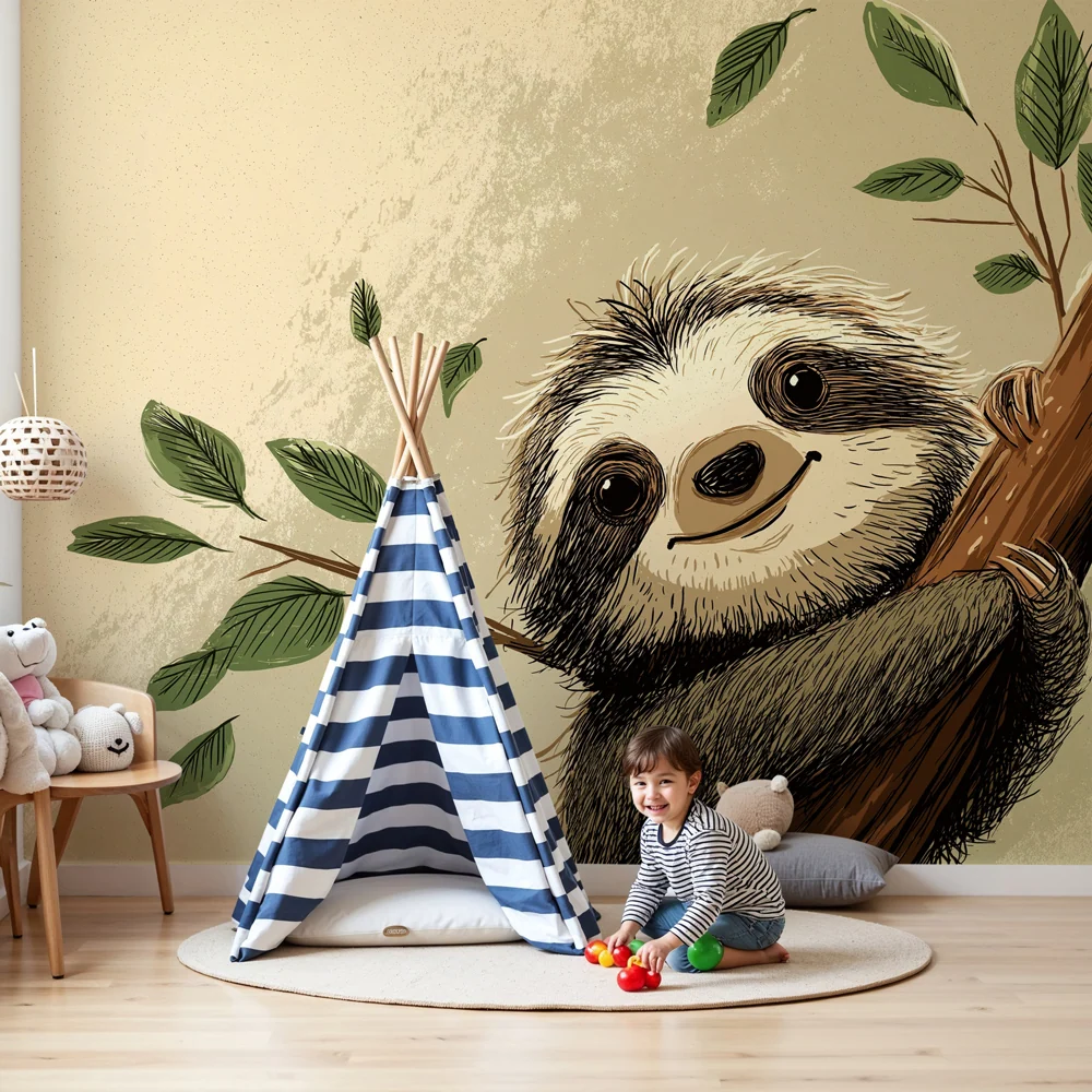 Papier peint chambre enfant | Paresseux à l'arbre et feuilles vertes