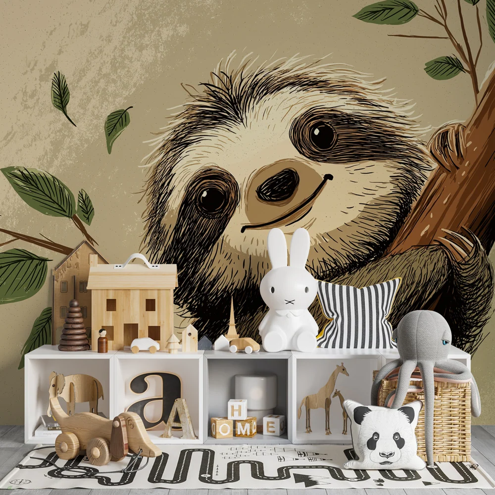 Papier peint chambre enfant | Paresseux à l'arbre et feuilles vertes