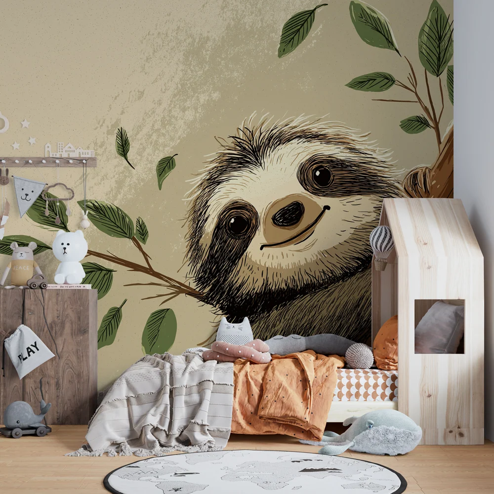Papier peint chambre enfant | Paresseux à l'arbre et feuilles vertes