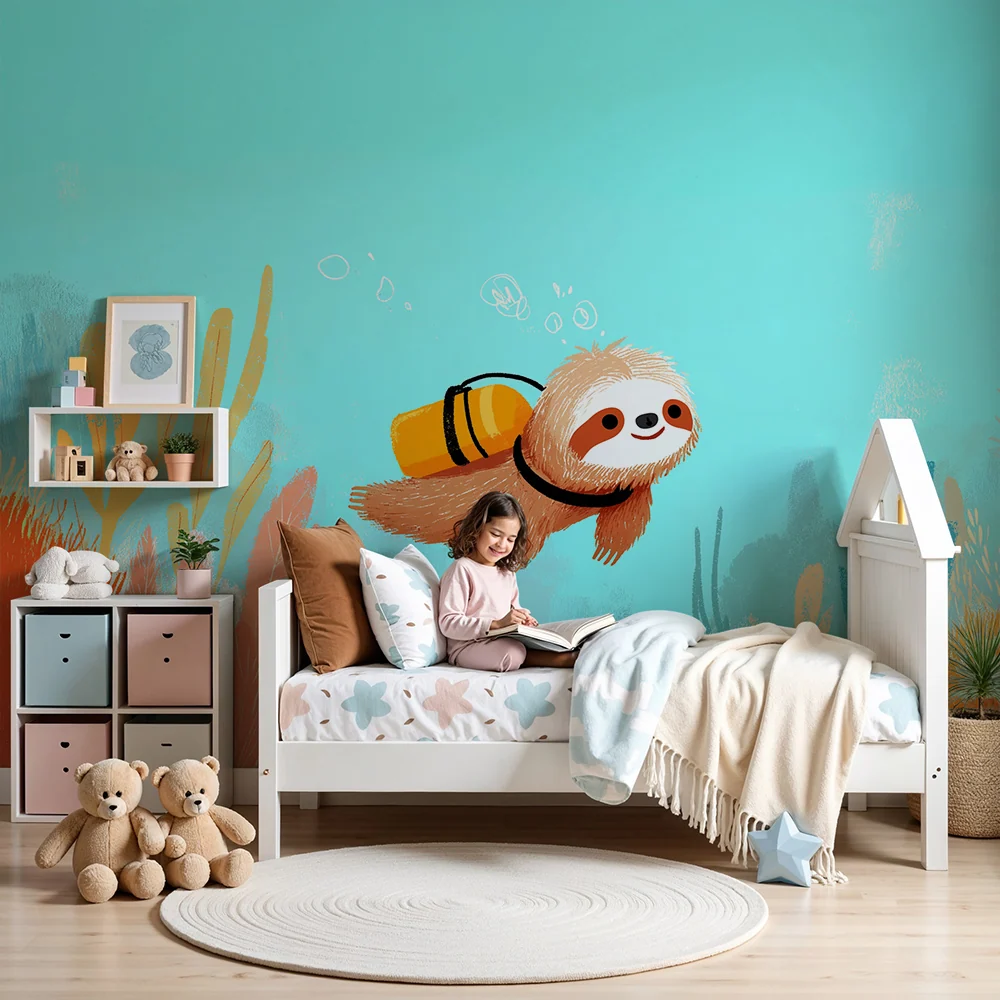 Papier peint chambre enfant | Paresseux sous-marin explorant un monde coloré
