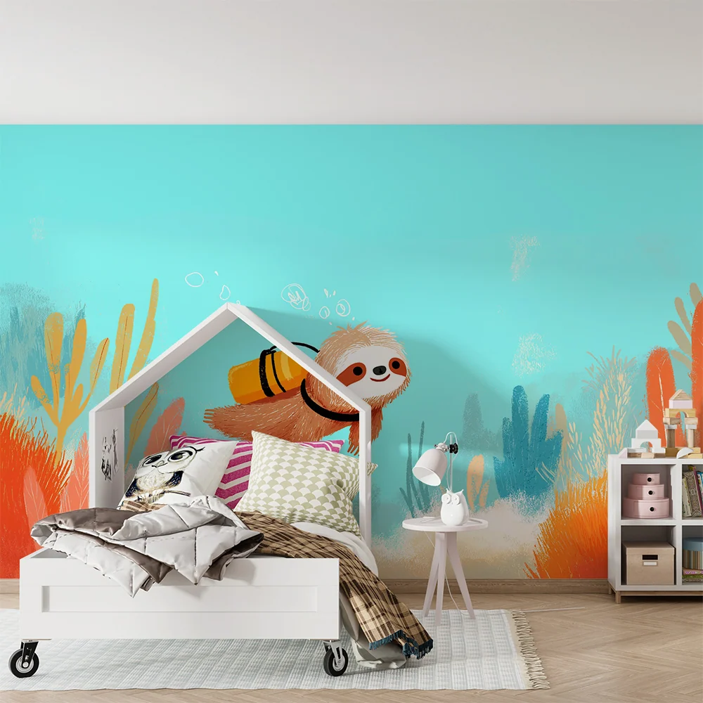 Papier peint chambre enfant | Paresseux sous-marin explorant un monde coloré