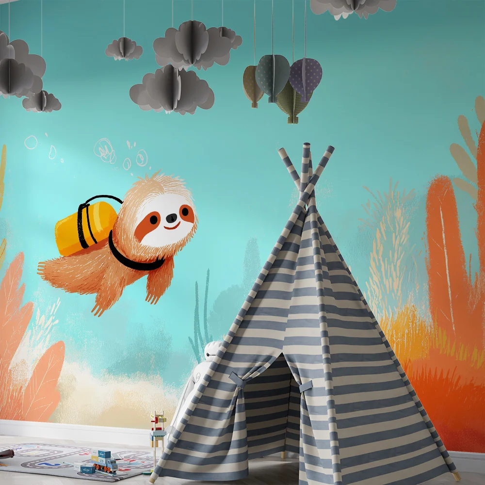 Papier peint chambre enfant | Paresseux sous-marin explorant un monde coloré