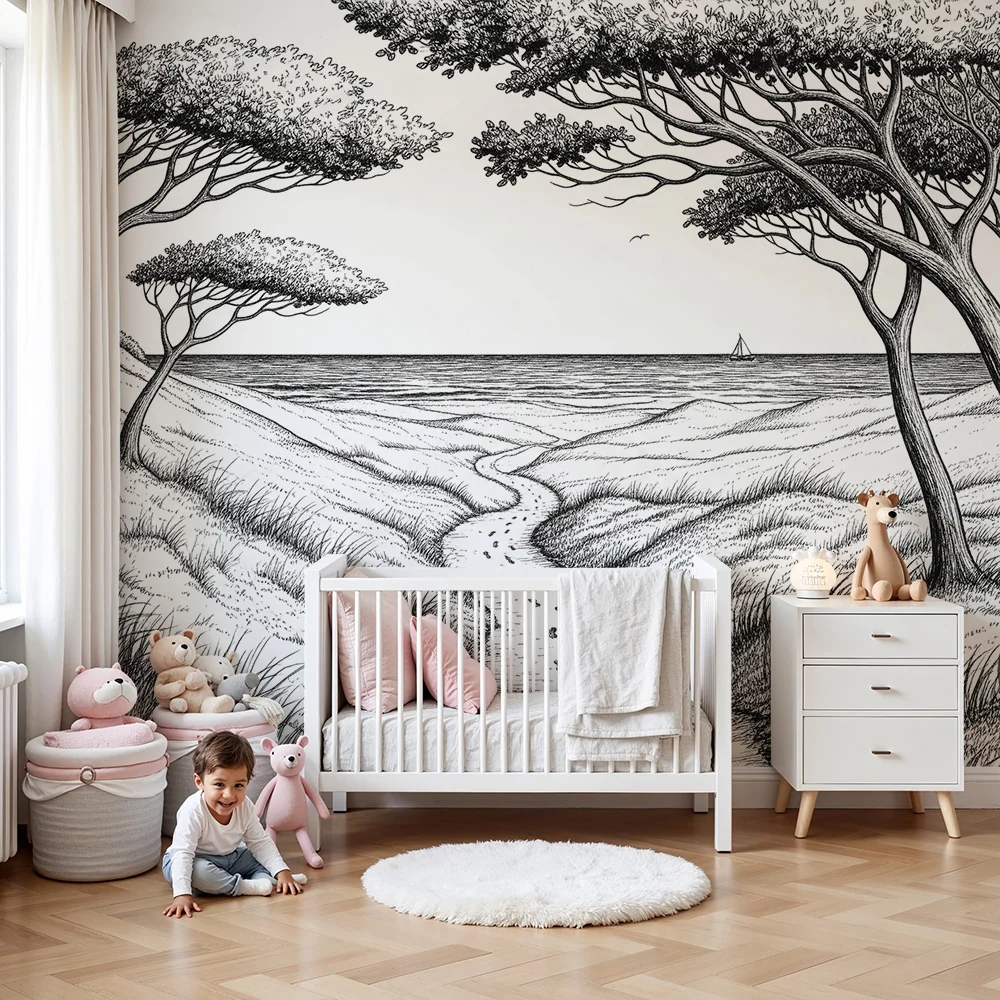 Papier peint chambre enfant | Paysage côtier avec arbres et sentier sinueux