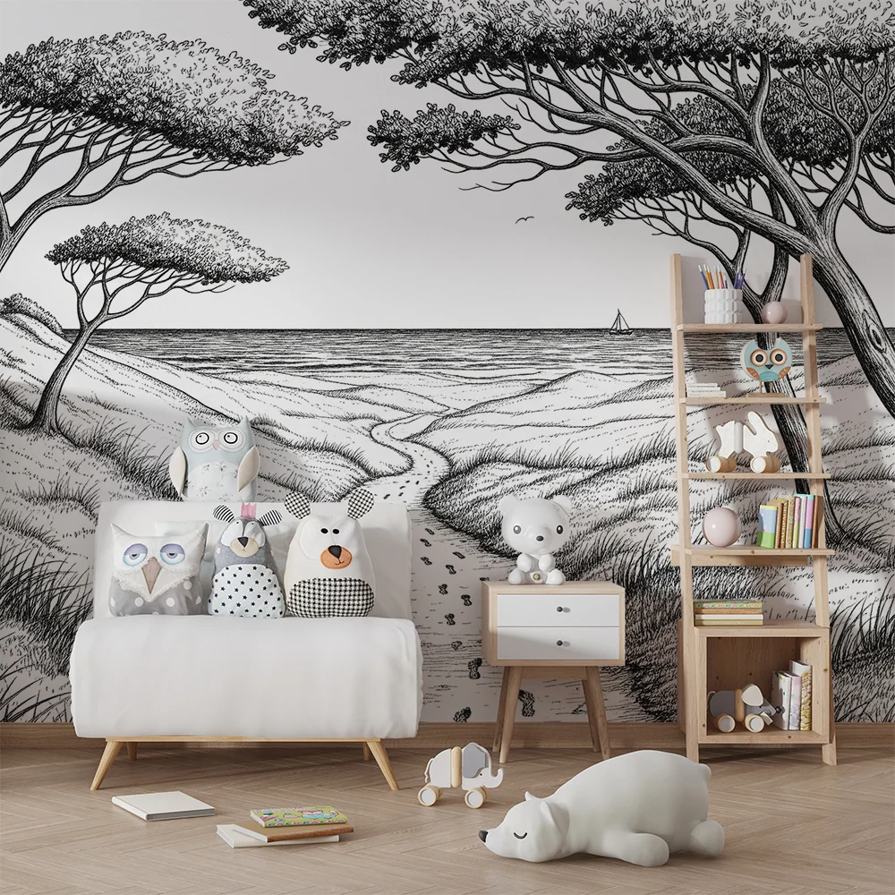 Papier peint chambre enfant | Paysage côtier avec arbres et sentier sinueux