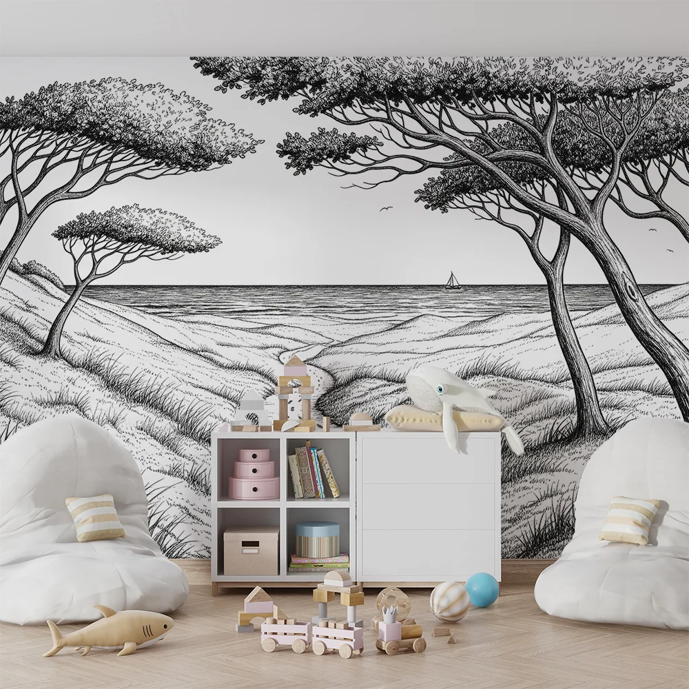 Papier peint chambre enfant | Paysage côtier avec arbres et sentier sinueux