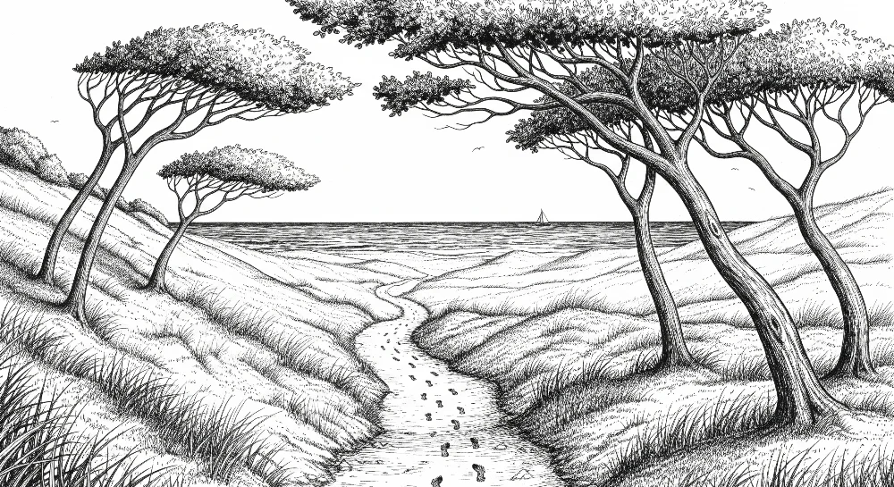 Papier peint chambre enfant | Paysage côtier avec arbres et sentier sinueux
