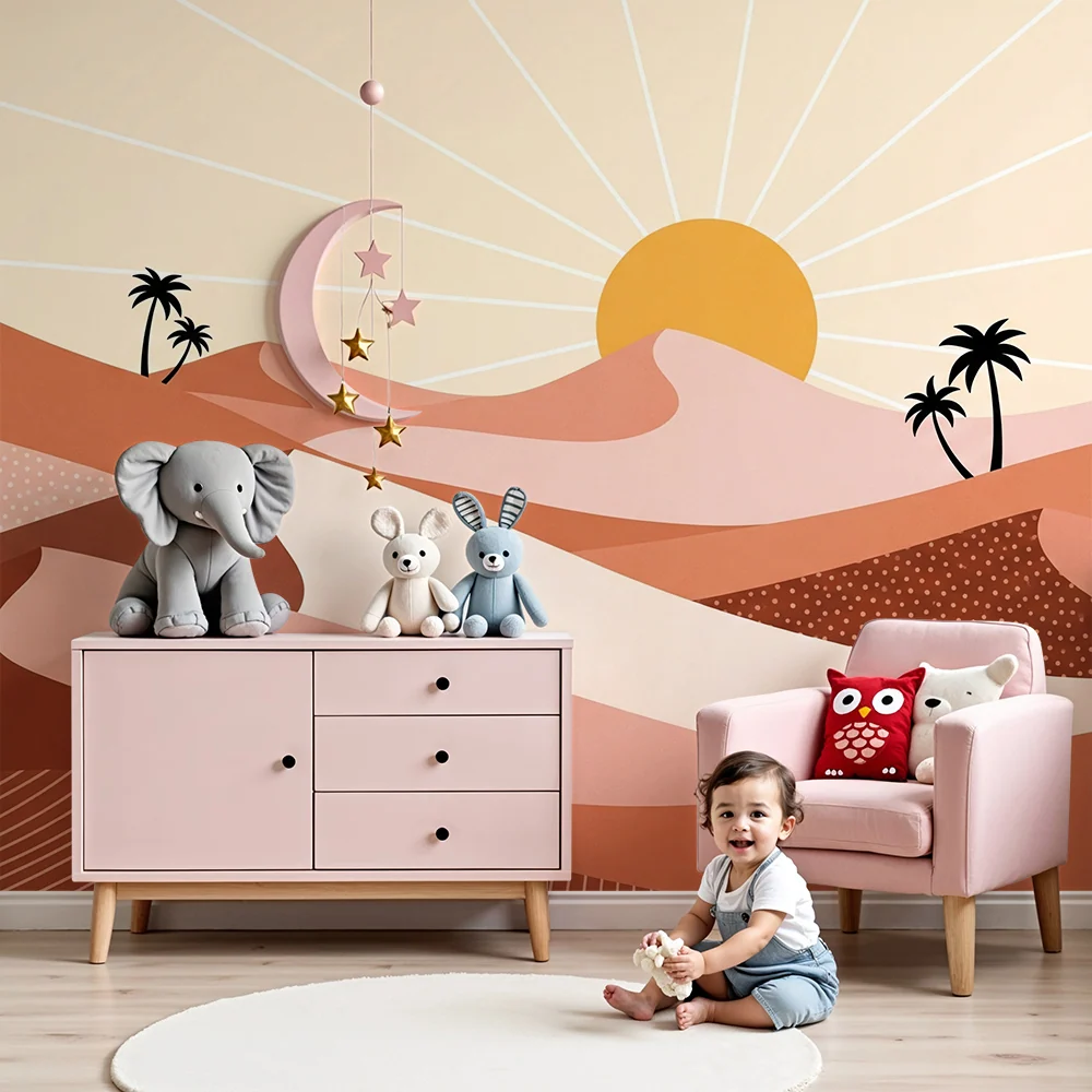 Papier peint chambre enfant | Paysage désertique stylisé avec palmiers et soleil levant