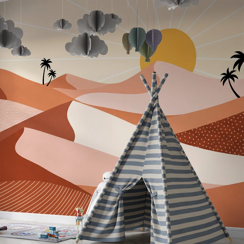 Papier peint chambre enfant | Paysage désertique stylisé avec palmiers et soleil levant