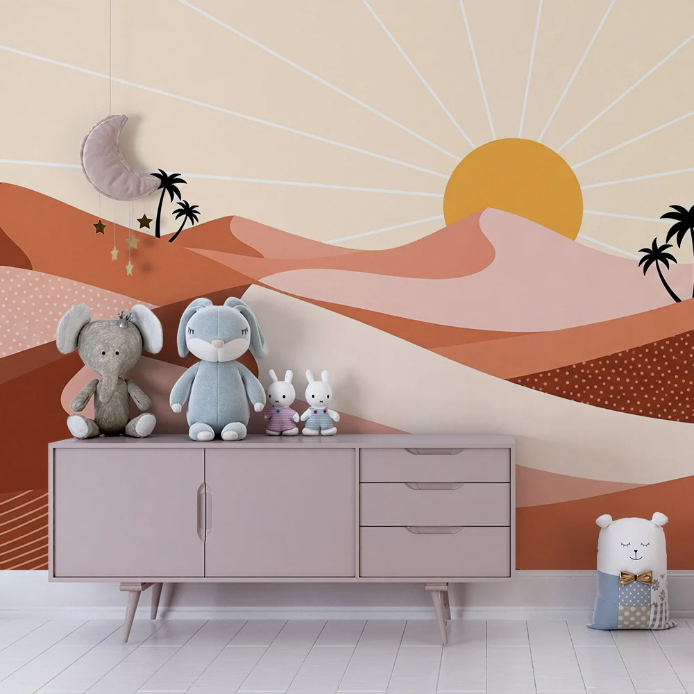 Papier peint chambre enfant | Paysage désertique stylisé avec palmiers et soleil levant
