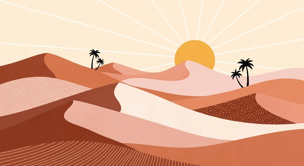 Papier peint chambre enfant | Paysage désertique stylisé avec palmiers et soleil levant