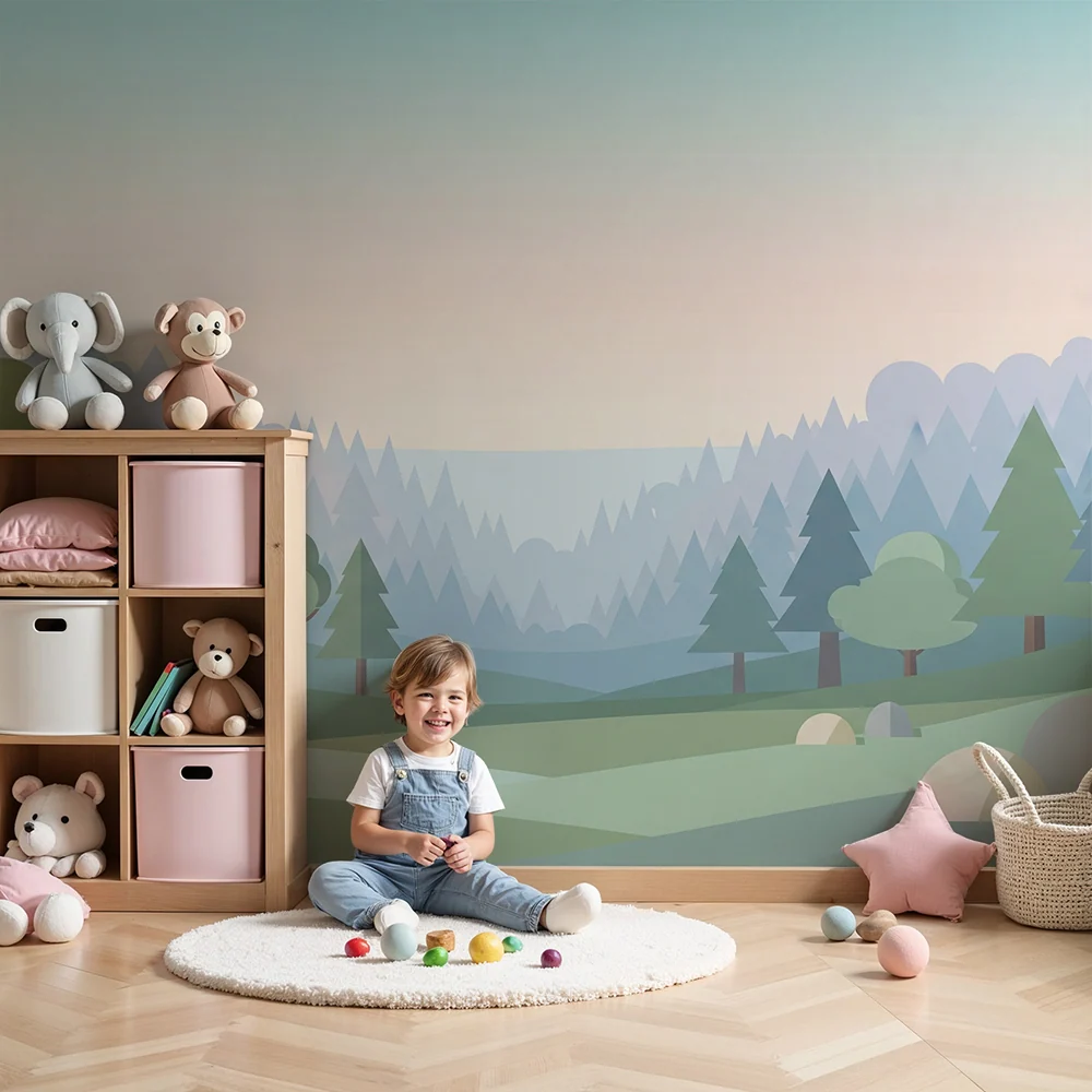 Papier peint chambre enfant | Paysage de êt minimaliste avec arbres stylisés