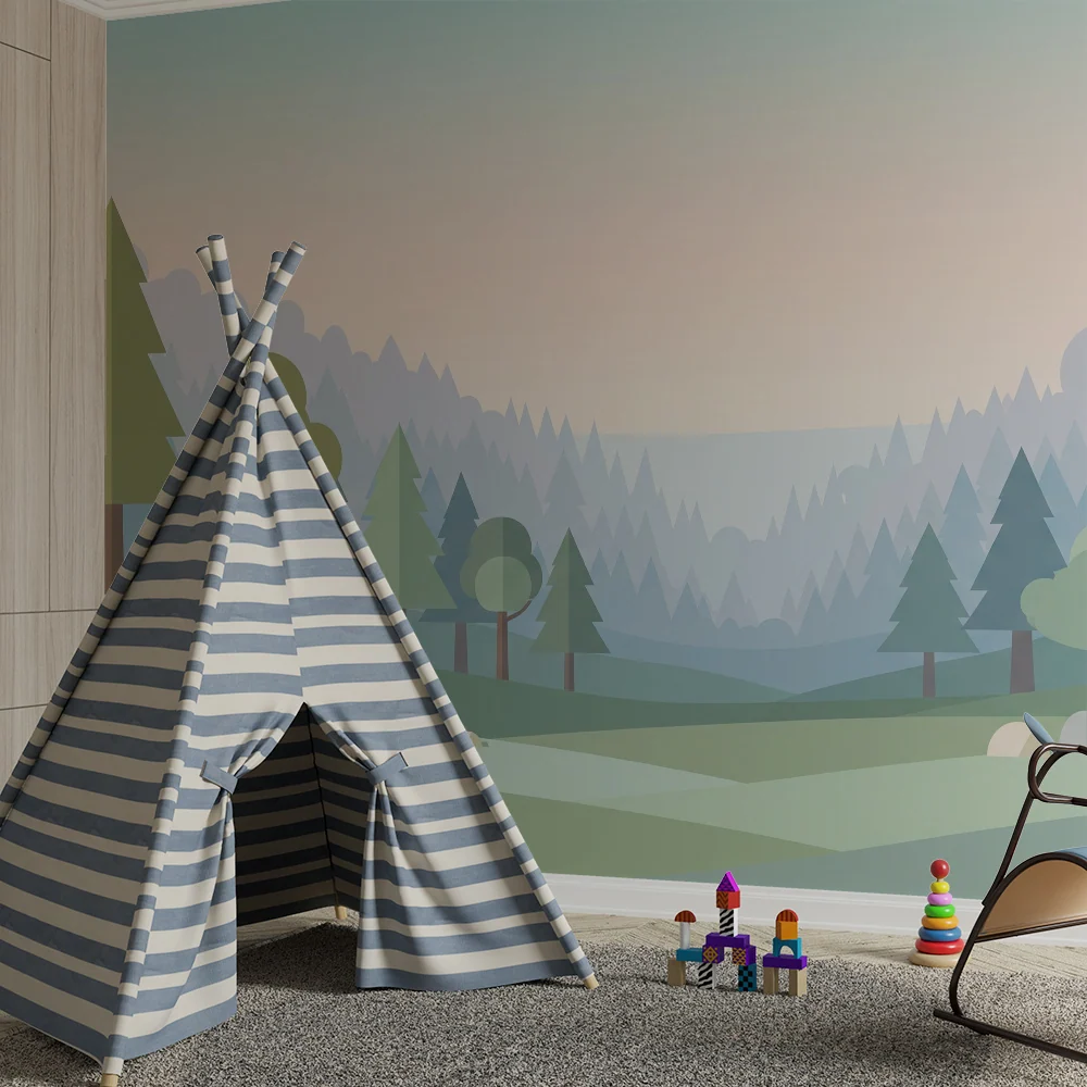 Papier peint chambre enfant | Paysage de êt minimaliste avec arbres stylisés