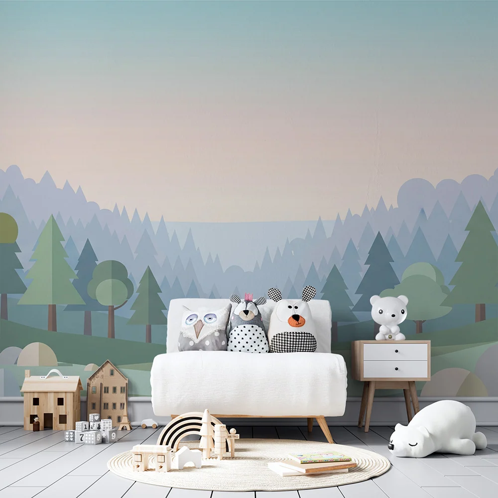 Papier peint chambre enfant | Paysage de êt minimaliste avec arbres stylisés