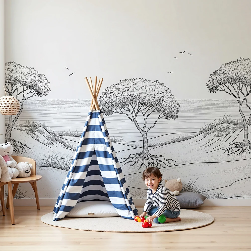 Papier peint chambre enfant | Paysage minimaliste avec arbres et mer