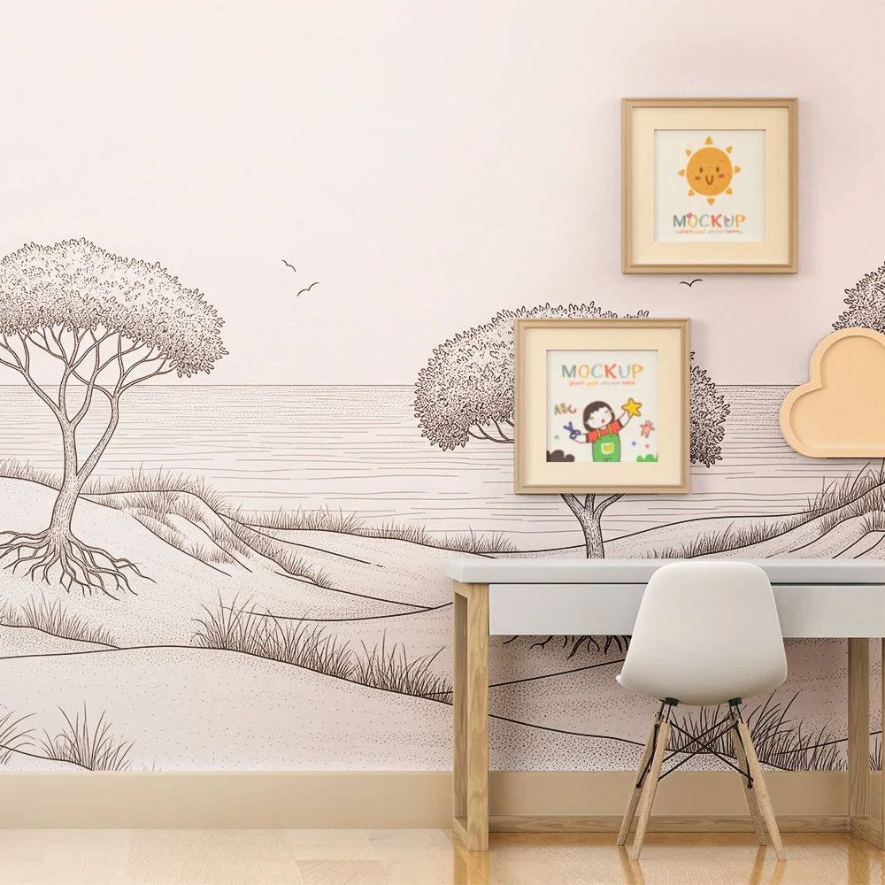 Papier peint chambre enfant | Paysage minimaliste avec arbres et mer