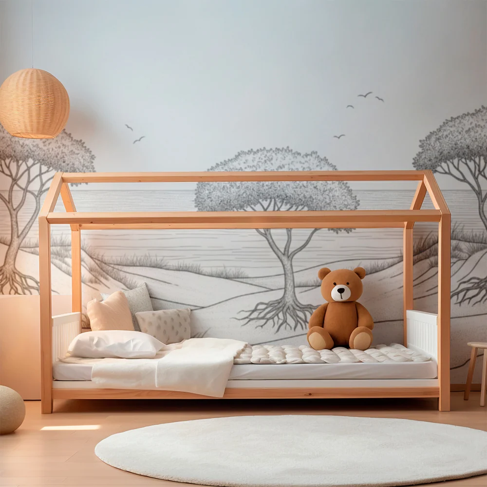 Papier peint chambre enfant | Paysage minimaliste avec arbres et mer