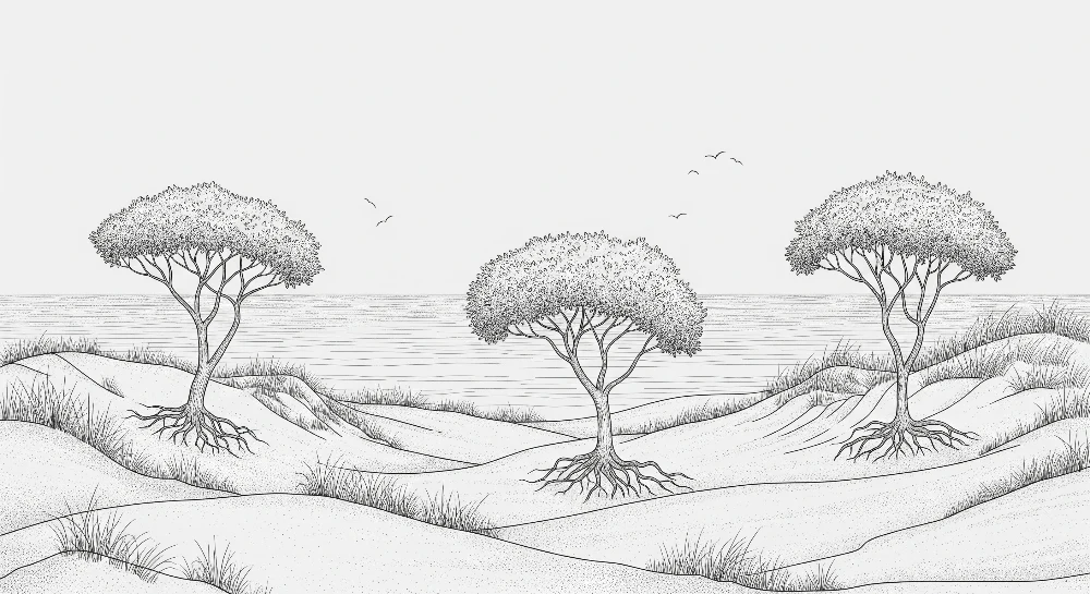 Papier peint chambre enfant | Paysage minimaliste avec arbres et mer