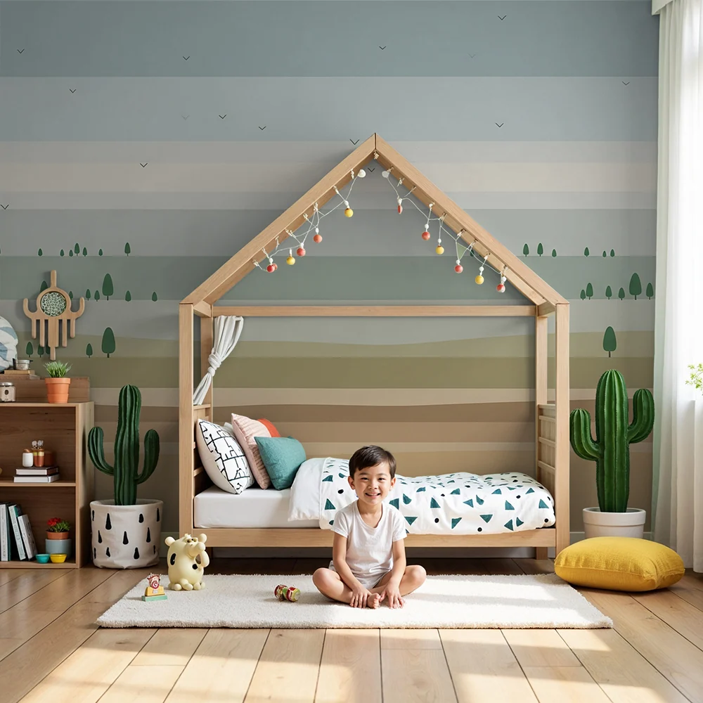 Papier peint chambre enfant | Paysage minimaliste avec arbres stylisés et dégradés de couleurs apaisantes