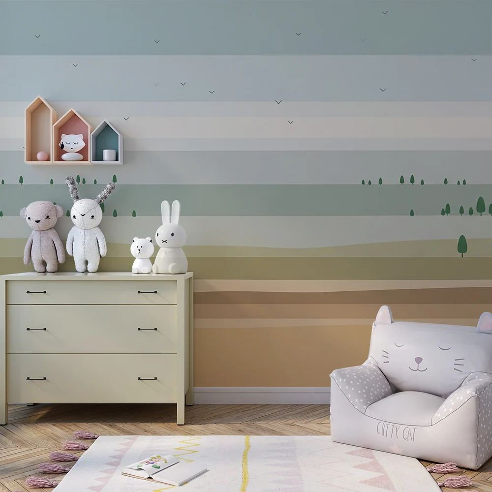 Papier peint chambre enfant | Paysage minimaliste avec arbres stylisés et dégradés de couleurs apaisantes
