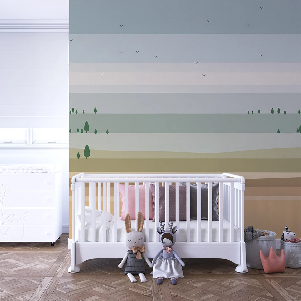 Papier peint chambre enfant | Paysage minimaliste avec arbres stylisés et dégradés de couleurs apaisantes