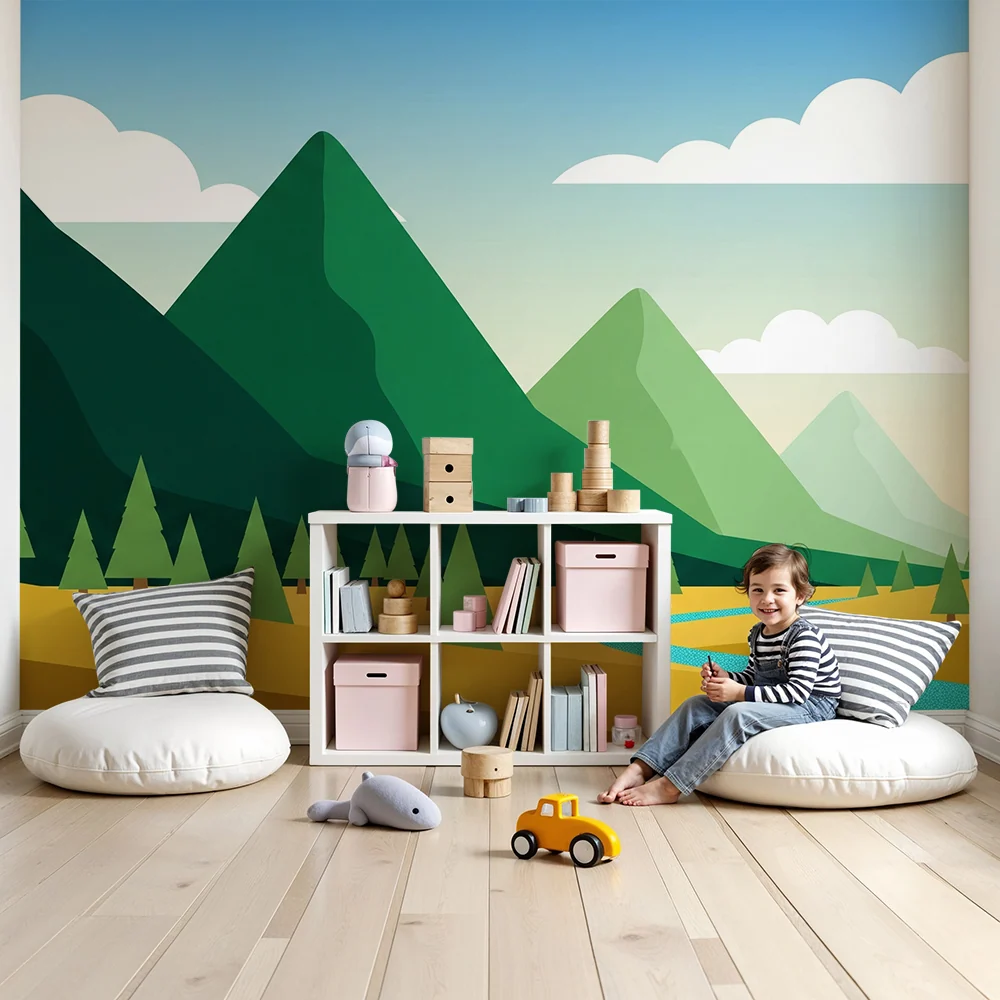 Papier peint chambre enfant | Paysage montagneux avec rivières et êts verdoyantes