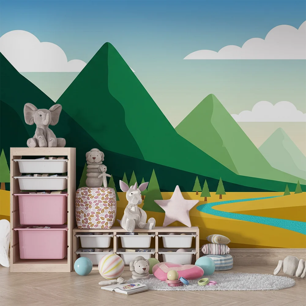 Papier peint chambre enfant | Paysage montagneux avec rivières et êts verdoyantes
