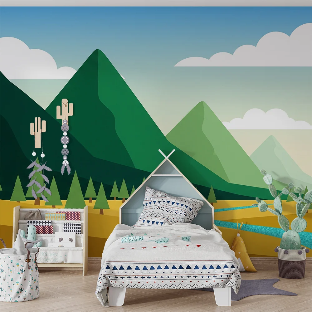 Papier peint chambre enfant | Paysage montagneux avec rivières et êts verdoyantes