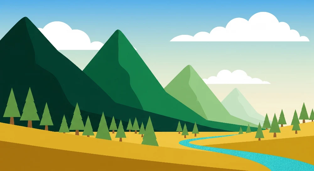 Papier peint chambre enfant | Paysage montagneux avec rivières et êts verdoyantes