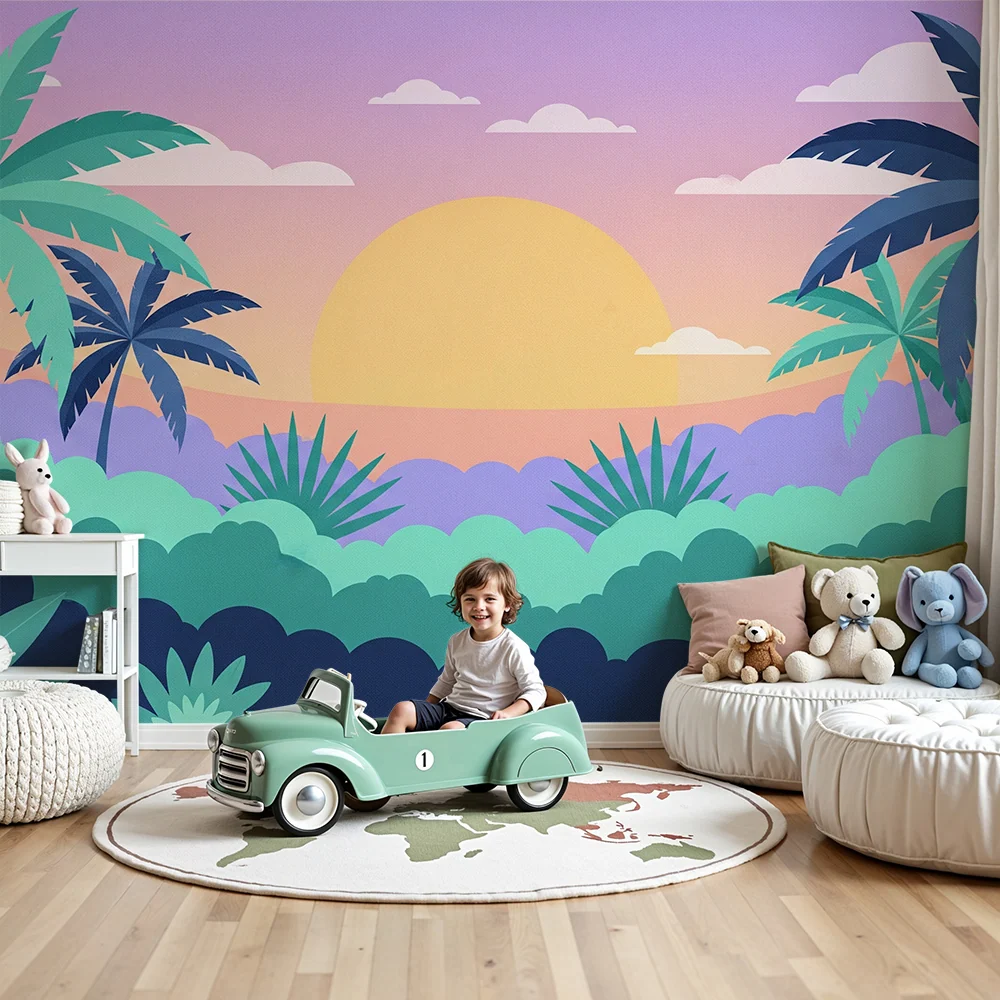 Papier peint chambre enfant | Paysage tropical avec palmiers et coucher de soleil pastel