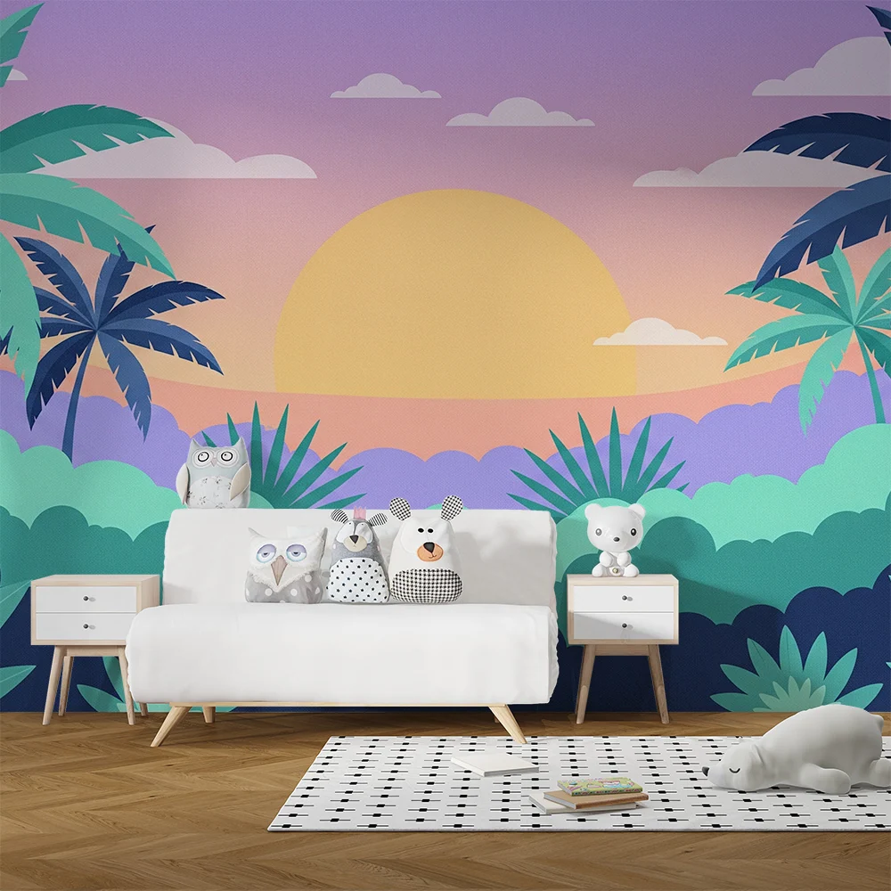 Papier peint chambre enfant | Paysage tropical avec palmiers et coucher de soleil pastel