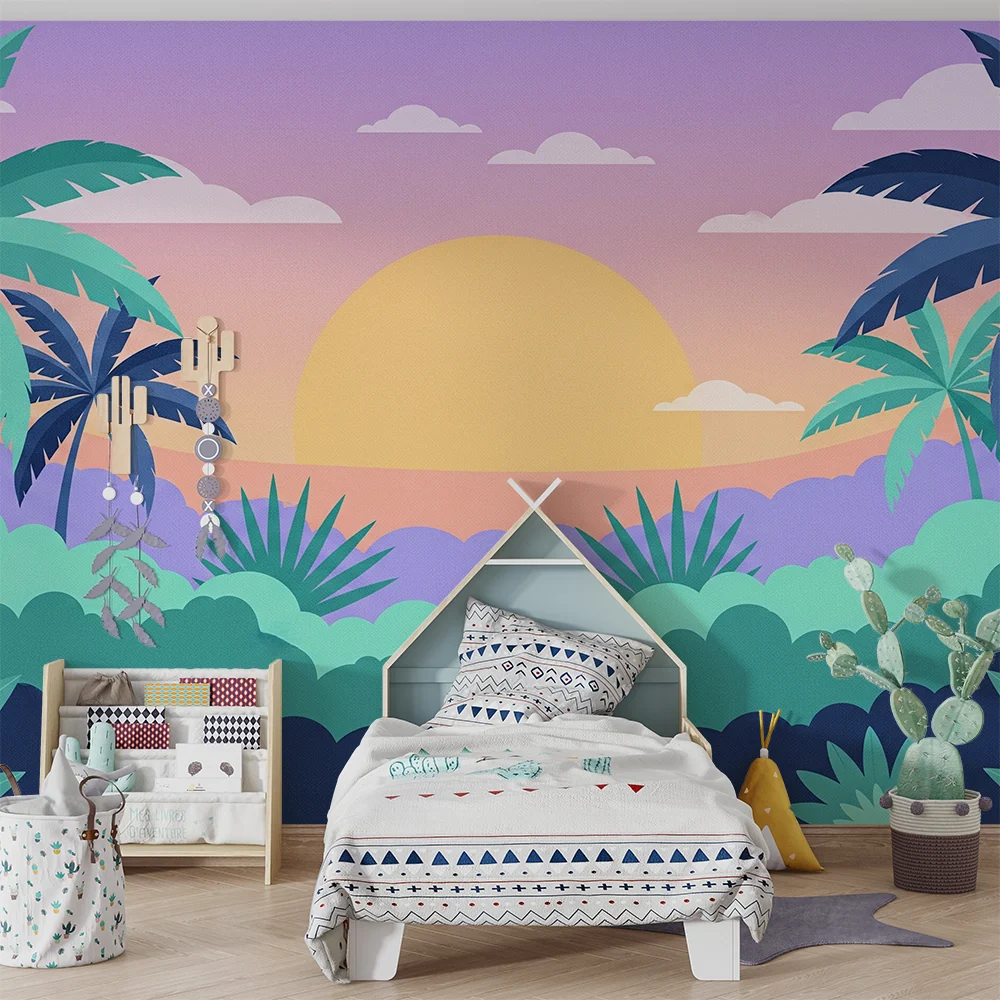 Papier peint chambre enfant | Paysage tropical avec palmiers et coucher de soleil pastel