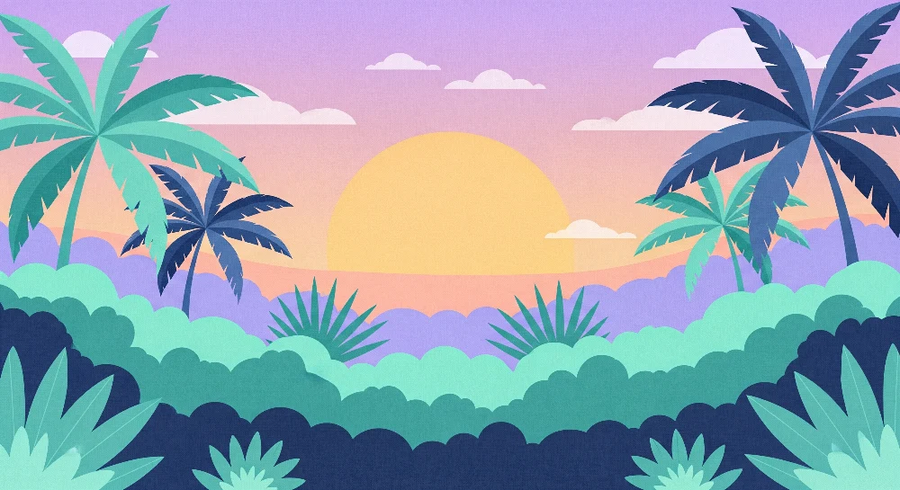 Papier peint chambre enfant | Paysage tropical avec palmiers et coucher de soleil pastel