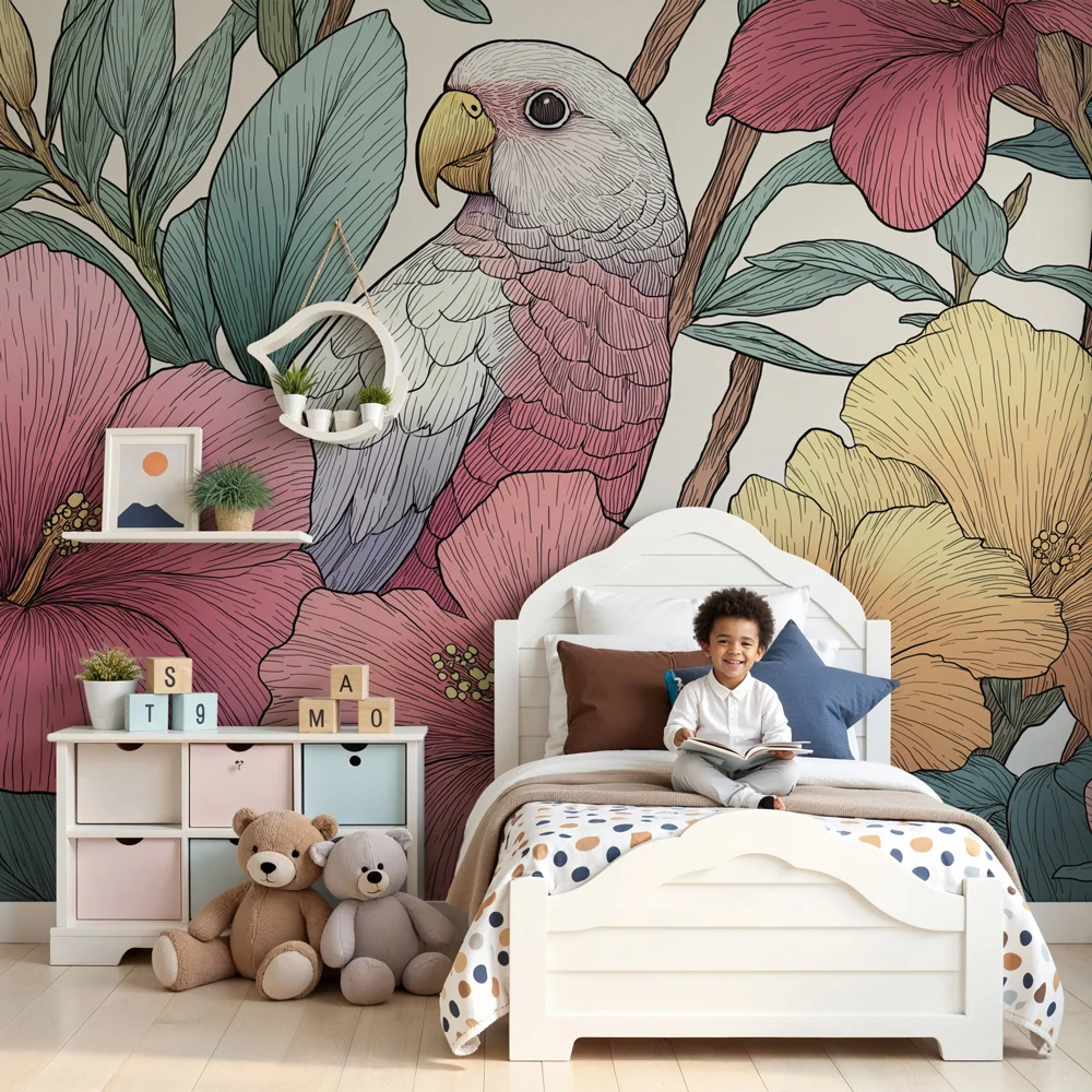 Papier peint chambre enfant | Perroquet et fleurs tropicales