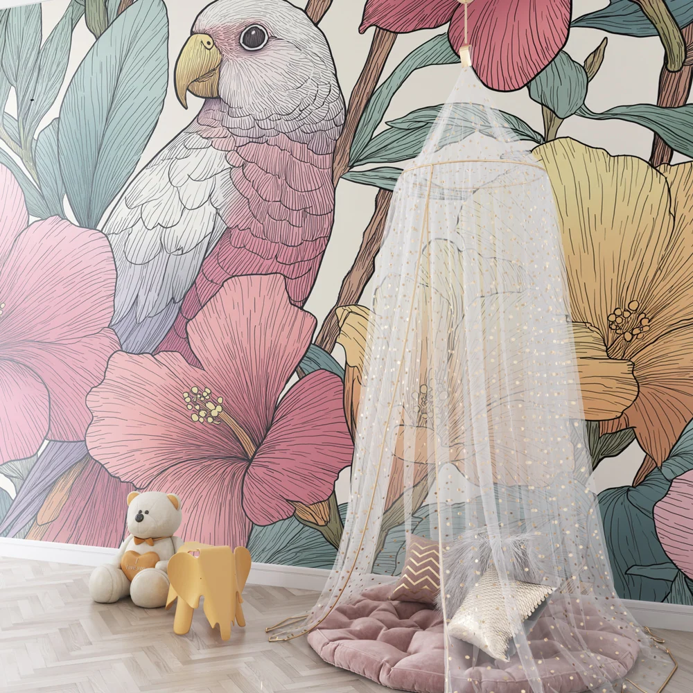 Papier peint chambre enfant | Perroquet et fleurs tropicales
