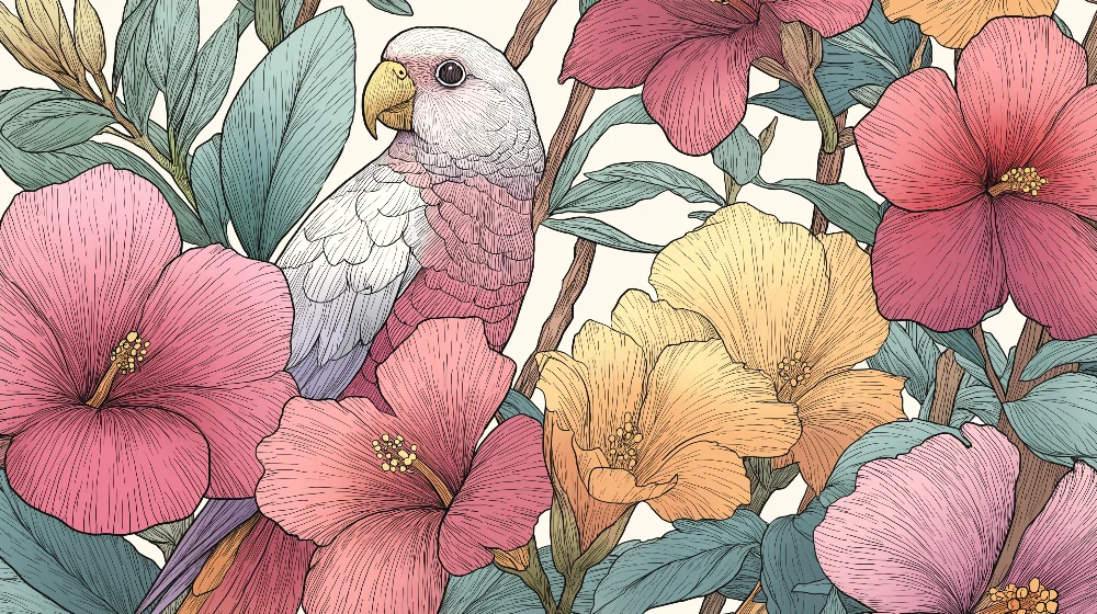 Papier peint chambre enfant | Perroquet et fleurs tropicales