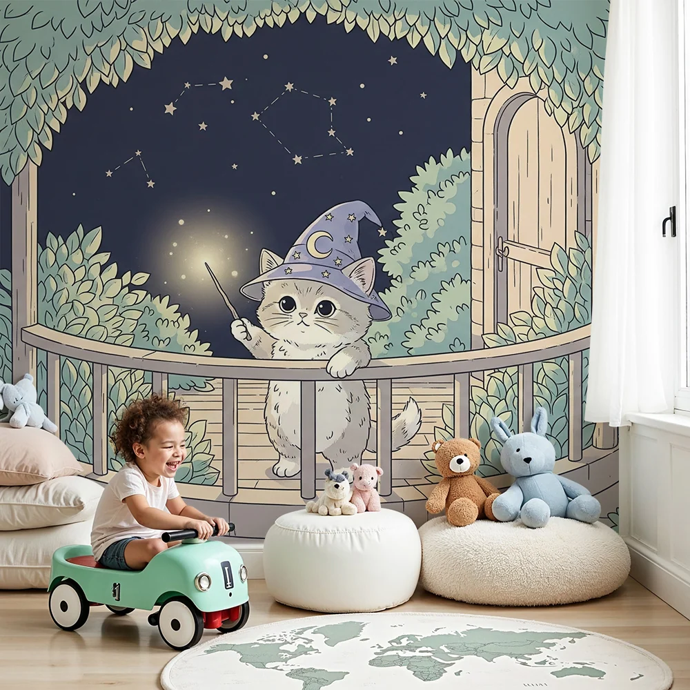 Papier peint chambre enfant | Petit chat sorcier sous un ciel étoilé