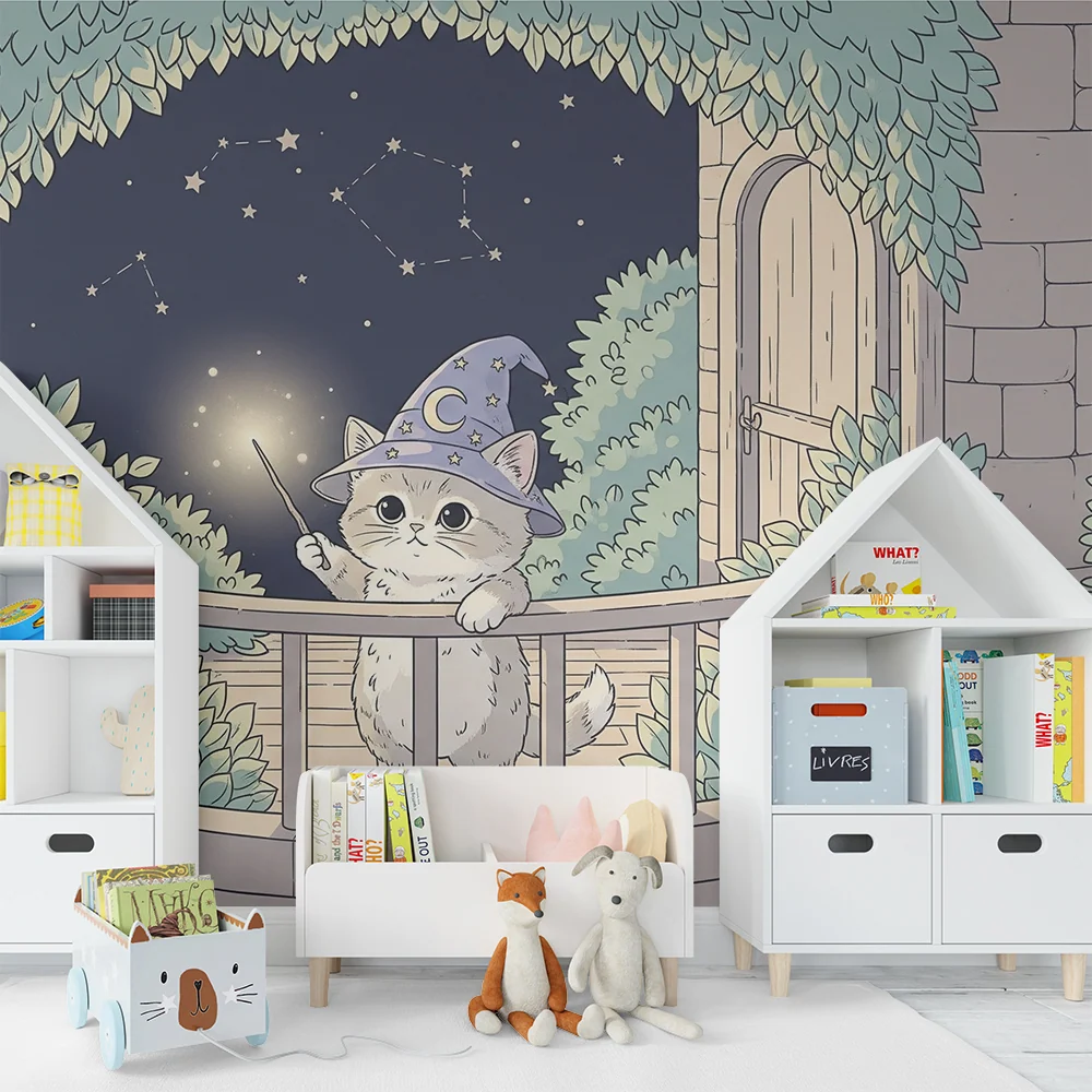 Papier peint chambre enfant | Petit chat sorcier sous un ciel étoilé