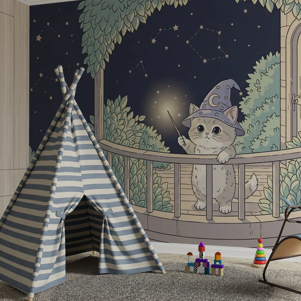 Papier peint chambre enfant | Petit chat sorcier sous un ciel étoilé
