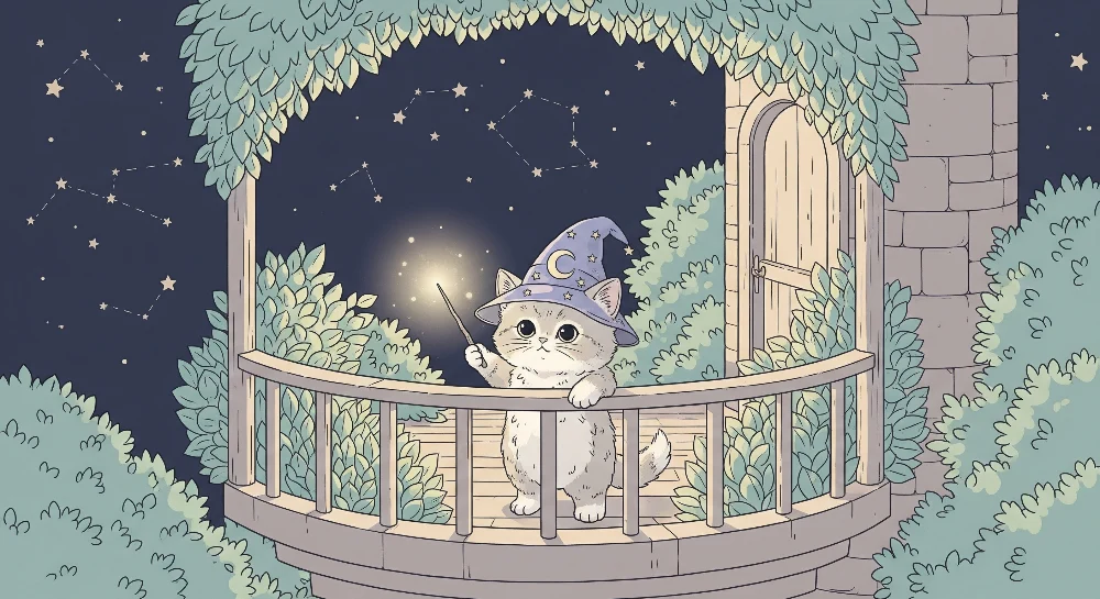 Papier peint chambre enfant | Petit chat sorcier sous un ciel étoilé