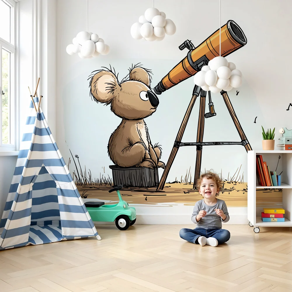 Papier peint chambre enfant | Petit koala curieux et télescope