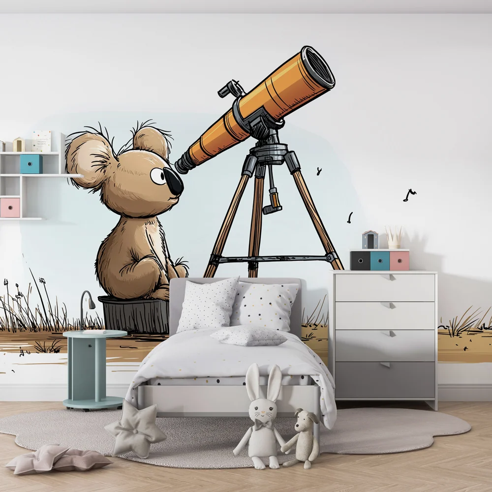 Papier peint chambre enfant | Petit koala curieux et télescope