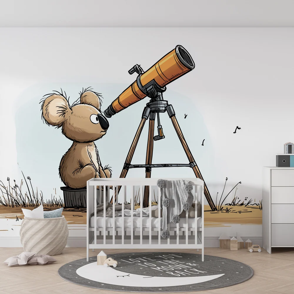 Papier peint chambre enfant | Petit koala curieux et télescope