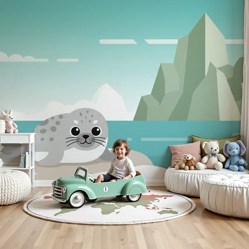 Papier peint chambre enfant | Petit phoque et paysages glacials